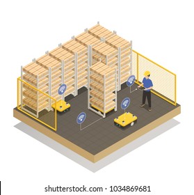 Smart industry machine intelligence in manufacturing storage unit isometric composition with computer controlled robotic trolley vector illustration 