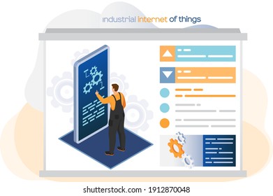 Smart industry, male worker connecting factory using tablet and exchanging data with network. Artificial intelligence. Industrial internet of things. Engineer controls equipment 4ir revolution AI, IoT