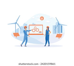Smart industry. Man and woman wearing virtual reality headsets engineering with augmented reality.  flat vector modern illustration 