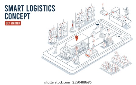 A Smart Industry otimiza as operações por meio de tecnologia avançada, rastreamento em tempo real em smartphones, logística global e produção automatizada. Ilustração vetorial Eps10