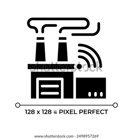 Smart industry pixel perfect black glyph icon. Manufacturing environment, production. Factory, automation, iot. Silhouette symbol on white space. Solid pictogram. Vector isolated illustration