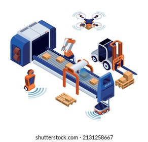 Smart industry production isometric concept with mechanization symbols vector illustration