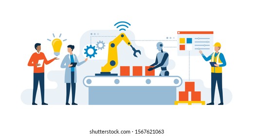 Intelligenter Produktionsprozess der Industrie mit Arbeitern, Robotern und interaktiver Schnittstelle