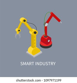 Smart industry production vector illustration isolated on grey background machines with hydraulic mechanisms, robots with automatic working hands