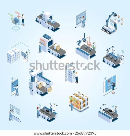 Smart industry with robotized manufacturing remote control and production data center isometric icons isolated