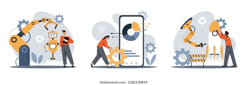Smart industry set. Development and production of robots, gadgets and devices. Futuristic technologies. Collection of innovations. Cartoon flat vector illustrations isolated on white background