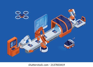 Smart industry technology isometric concept with conveyor and drones symbols vector illustration