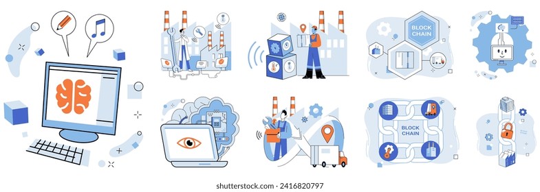 Intelligente Vektorgrafik in der Industrie. Blockchain, Hüterin des Vertrauens, festigt die Grundlagen für sichere, intelligente und autonome Systeme, die durch Korridore, Innovation, gestützt auf künstliche Intelligenz, durchlaufen werden