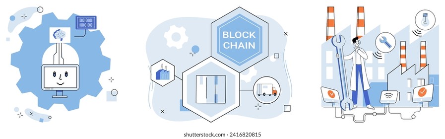 Ilustración vectorial inteligente de la industria. Blockchain, guardian trust, fortalece las fundaciones asegurando la industria inteligente Sistemas autónomos vals a través de la innovación de los corredores, guiados por la inteligencia artificial