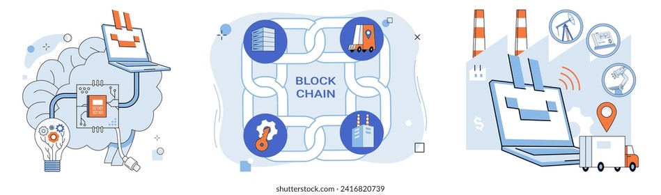 Smart industry vector illustration. The database, treasure trove information, fuels engines automated smart production Computing, wizard cyberspace, conjures magic smart industry innovation