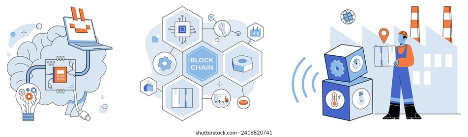 Smart industry vector illustration. The database, treasure trove information, fuels engines automated smart production Computing, wizard cyberspace, conjures magic smart industry innovation