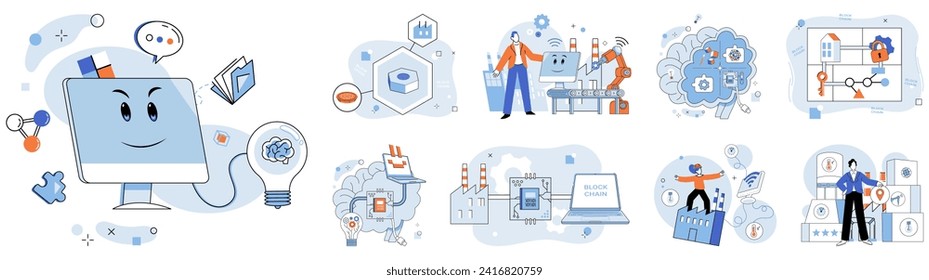 Ilustración vectorial inteligente de la industria. En la innovación de ballet digital, piruetas de la industria inteligente con tecnología de elegancia La sinfonía industrial se repite a través de la red, crescendo conceptos de la industria inteligente