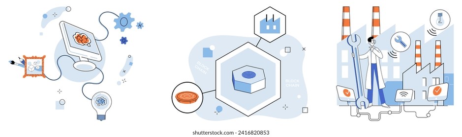 Ilustración vectorial inteligente de la industria. En la innovación de ballet digital, piruetas de la industria inteligente con tecnología de elegancia La sinfonía industrial se repite a través de la red, crescendo conceptos de la industria inteligente