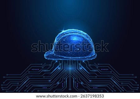 Smart industry, worker safety technology concept with glowing polygonal hard hat connected to electronic circuit board on dark blue background. Futuristic low poly style, abstract vector illustration.