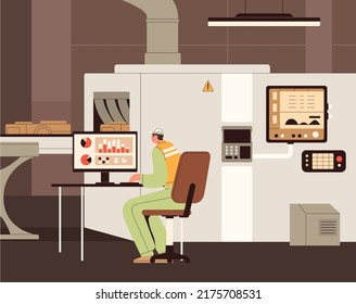 Smart industry worker scanning products on conveyor belt, line with X-ray machine, scanner. Supervisor monitoring data at computer. Quality control at factory concept. Flat vector illustration