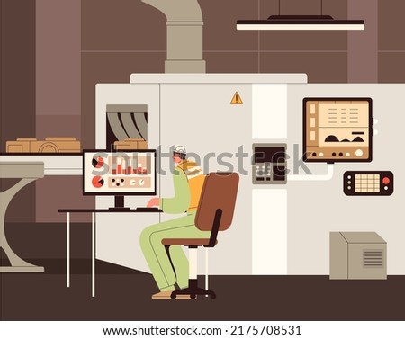 Smart industry worker scanning products on conveyor belt, line with X-ray machine, scanner. Supervisor monitoring data at computer. Quality control at factory concept. Flat vector illustration