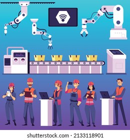 Smart industry workers and cyber-physical robotic system equipment set, flat cartoon vector illustration isolated on blue background. Smart factory engineers and robots.