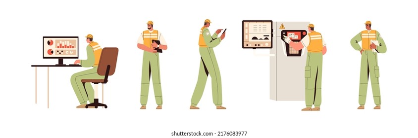 Trabajadores inteligentes de la industria. Supervisores de fábrica con equipos, máquinas, computadoras, tabletas para supervisión y control de fabricación. Ilustración vectorial gráfica plana aislada en fondo blanco