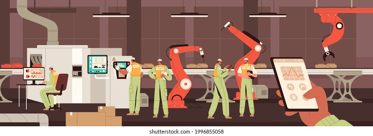 Smart IndustryModern smart factory with robot automated conveyor production, controlled by workers and manager through smartphone and computer. Monitoring of machine manufactory. Colored flat vector