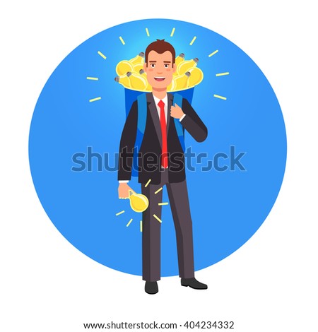 Smart innovator and entrepreneur with a backpack sack full of glowing bright ideas. Flat style vector illustration.