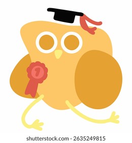 Smart intelligent bird character graduating at the top of the class. Genius yellow chick wearing academic cap with red tassels and first place red ribbon. Cartoon chicken delivering speech. EPS 10.