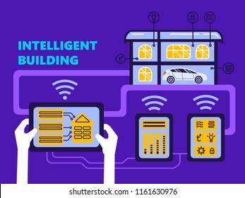 Smart intelligent building vector concept Building automation with computer networking illustration Management system platform future technology