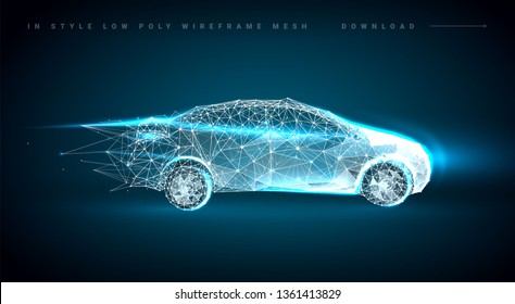 Smart or intelligent car. Sport car with polygon line on abstract background. Polygonal space low poly with connecting dots and lines. Connection structure. Vector speed concept background.