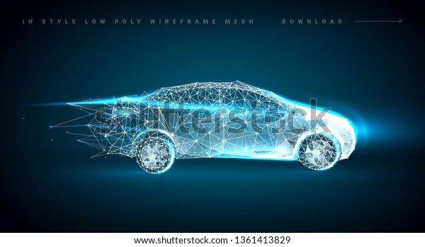 Smart or intelligent car. Sport car with\
polygon line on abstract background. Polygonal space low poly with\
connecting dots and lines. Connection structure. Vector speed\
concept background.