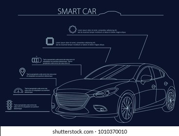 Smart or intelligent car vector concept. Futuristic automotive technology with autonomous driving, driverless cars. Vector illustration.