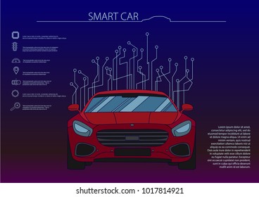 Smart or intelligent car vector concept. Futuristic automotive technology with autonomous driving, driverless cars. Vector illustration.