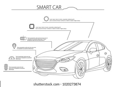 Smart Or Intelligent Car Vector Concept. Futuristic Automotive Technology With Autonomous Driving, Driverless Cars. Vector Illustration.