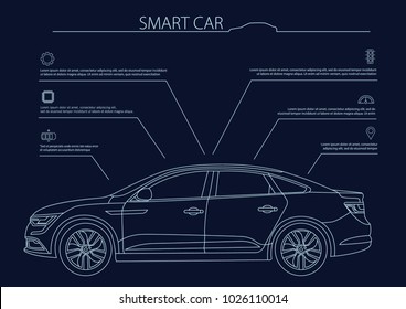 Smart or intelligent car vector concept. Futuristic automotive technology with autonomous driving, driverless cars. Vector illustration.