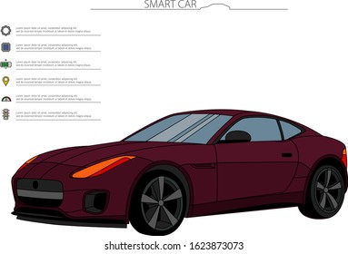 Smart or intelligent car vector concept. Futuristic automotive technology with autonomous driving, driverless cars. Vector illustration. Color car. purple car.