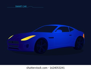 Smart or intelligent car vector concept. Futuristic automotive technology with autonomous driving, driverless cars. Vector illustration. Neon light. Neon car.