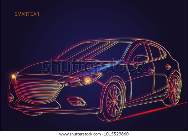 Smart or\
intelligent car vector concept. Futuristic automotive technology\
with autonomous driving, driverless cars. Vector\
illustration.\
Abstract world with neon\
lines.\
