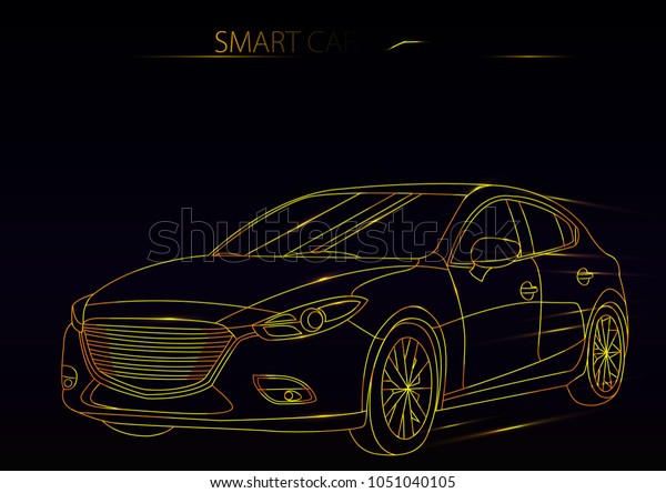 Smart or intelligent car vector concept.\
Futuristic automotive technology with autonomous driving,\
driverless cars. Vector illustration. Neon\
light.