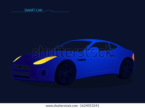 Smart or intelligent car vector concept.\
Futuristic automotive technology with autonomous driving,\
driverless cars. Vector illustration. Neon light. Neon\
car.
