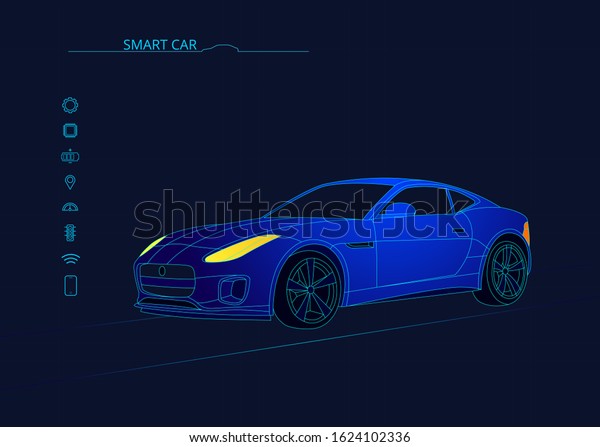 Smart or intelligent car vector\
concept. Futuristic automotive technology with autonomous driving,\
driverless cars. Vector illustration. Neon light. Smart car\
icons.