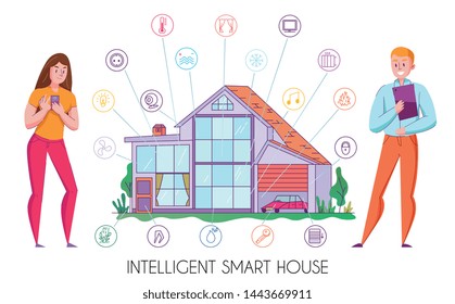 Smart intelligent house technology flat composition with owners controlling iot devices with tablet and smartphone vector illustration 
