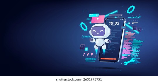 Smart and interactive AI assistant in the mobile phone app. 3D futuristic robot interacts with code and graphics. AI assistant, chat bot concept. Artificial intelligence, mobile app. Vector 3D banner	