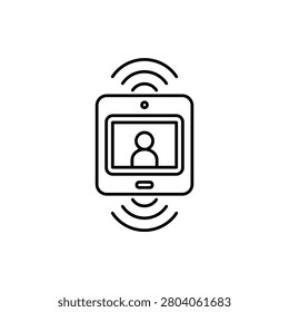 Smart intercom outline icon. Vector line art illustration of a video doorbell monitor screen with user profile and wireless signal waves for home security technology, automation app web ui design.