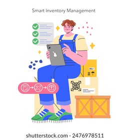 Smart Inventory Management concept. Warehouse employee using tablet for stock control. Modern logistics, supply chain efficiency, and technology integration. Vector illustration.