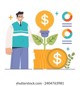 Smart Investing concept. Confident investor with coin stack and plant growing from a lightbulb symbolizing financial growth. Flat vector illustration