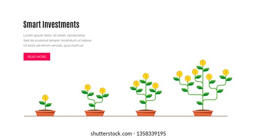Smart investment concept banner. Money tree concept. Flat style illustration.