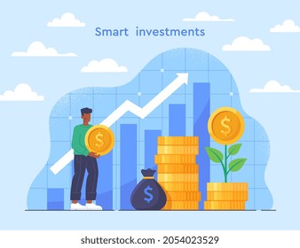 Smart investment concept. Businessman makes big profit. Company revenue growth. Statistics on increase in cost of capital. Cartoon modern flat vector illustration isolated on blue background