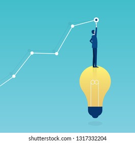 Smart investment concept. Vector of a successful business man standing on a bright light bulb drawing a growing up graph 