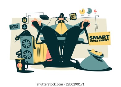 Inversión inteligente, minería criptodivisa, cadena de bloqueo e ilustración criptovectorial. Persona extrayendo monedas de estilo plano