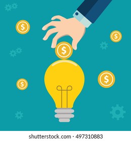 Smart investment flat design concept . Colorful hand inserting coins in light bulb.