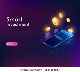 Smart Investment illustration concept with isometric realistic high detailed phone and 3d coins. Neon glow, modern style of illustration.
