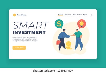 Smart investment landing page website banner template. Investing money in startup. Male cartoon character sponsor investing money in startup. Financial support, funding. Flat vector illustration